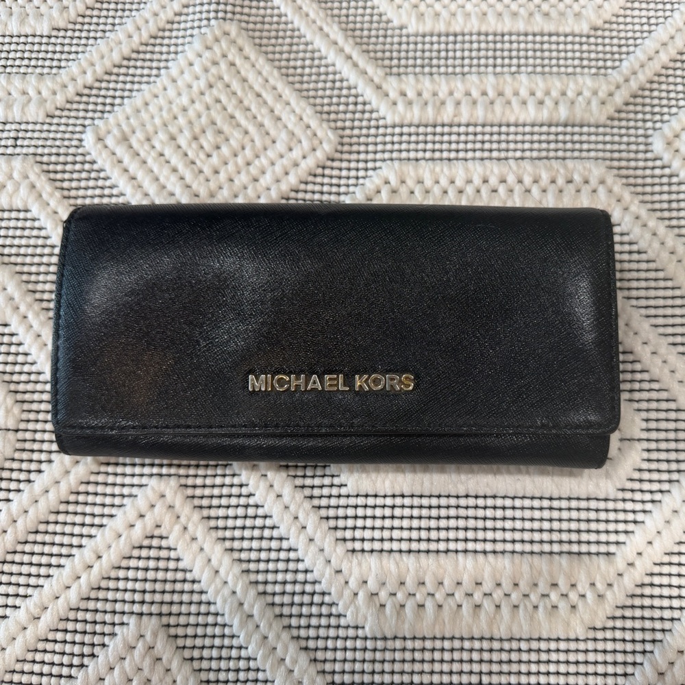 Michael Kors Black Leather Folded Continental Wallet with Gold Logo